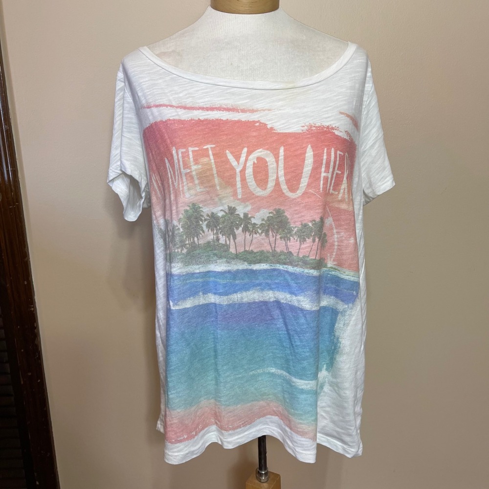 American Eagle Summer Collection Graphic Tee XL White Tropical Beach Palm Tree